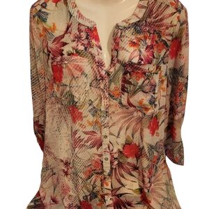 KIM ROGERS BEAUTIFUL SHEER FLORAL TOP 3/4 SLEEVES WITH BUTTONS EUC SIZE LARGE